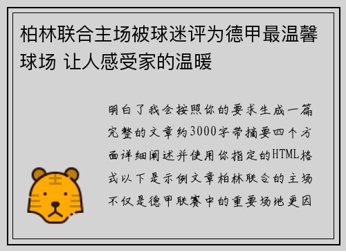 柏林联合主场被球迷评为德甲最温馨球场 让人感受家的温暖